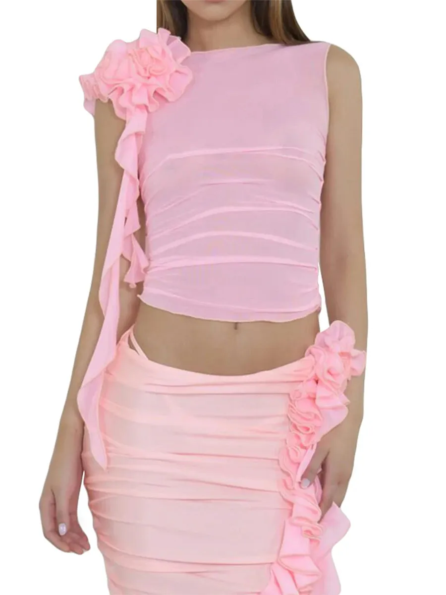 Znbbw Women Sexy Tassel Ruffle Tanks Top Y2k Sleeveless Mesh See-Through Slim Crop Cami Summer 3D Flower Sleeveless Shirt Streetwear - Image 9