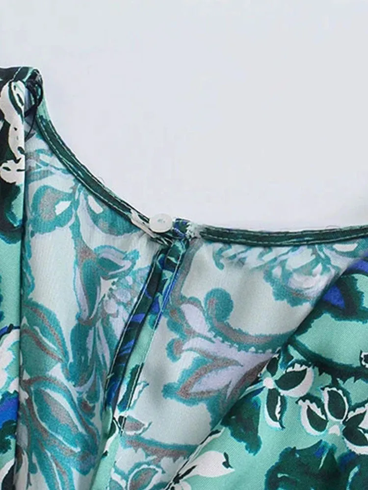 Znbbw ZBZA Women 2023 Vintage Half Sleeve Green Floral Print Jumpsuits Chic Ladies Zipper Design Casual Sashes Rompers 202308 - Image 5