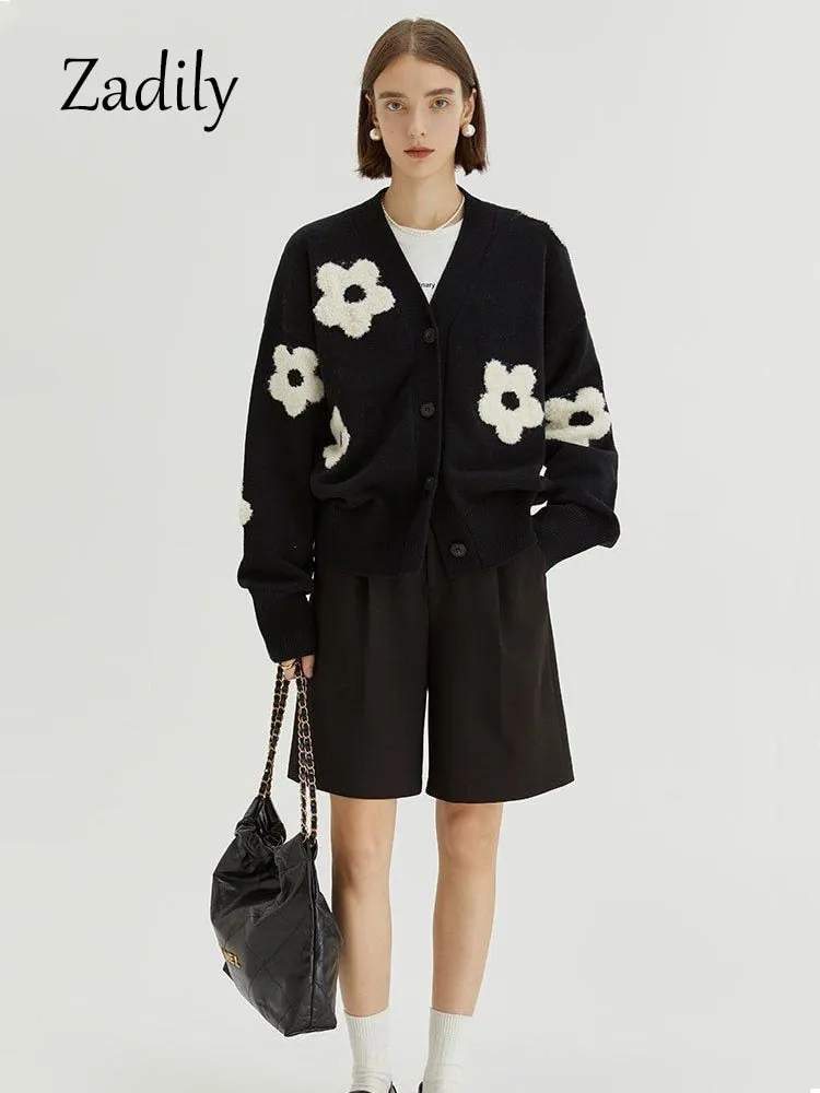 znbbw 2023 Winter New In Vintage Floral EmbroideryLoose Women Knit Cardigan Korea Style Button Up Ladies Sweater Coat Clothing - Image 3