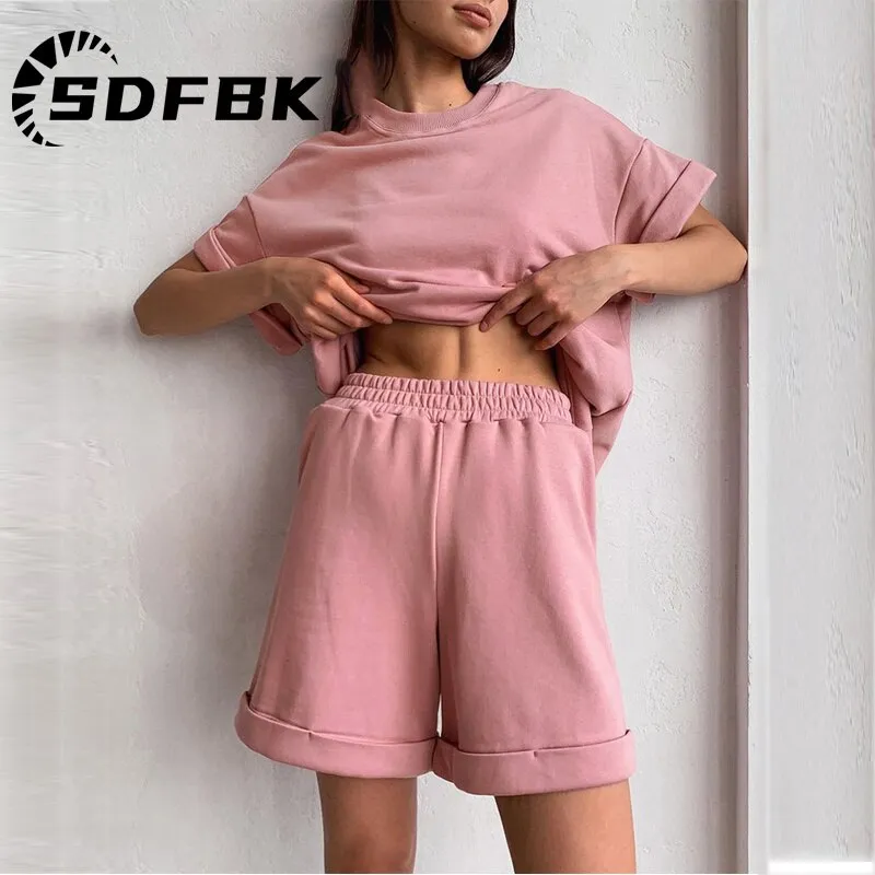 Znbbw Women Tracksuit Summer Cotton Shorts with T-shirt Casual Two Piece Sets Loose Pants Suits Top Woman Elastic Waist Shorts Outfits - Image 3