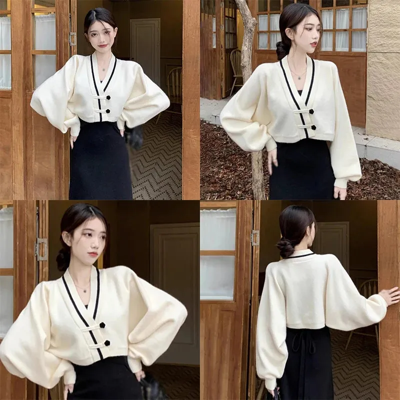 Znbbw Women's Sweater Korean Version V Neck Contrast Colors Loose Sweet  Gentle Chinese Style Short Sweater Cardigan - Image 4
