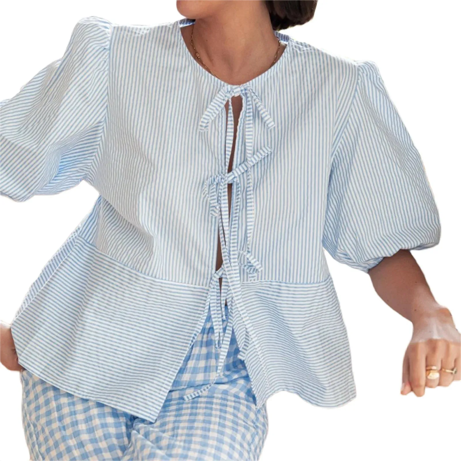 Znbbw Women y2k Puff Short Sleeve Shirts Tie Front Ruffle Hem Loose Office Blouse Tops Teen Girls Lace up Cute Summer Kawaii Tops - Image 19