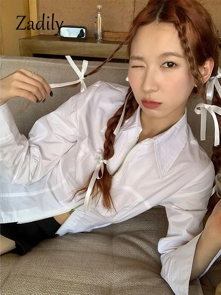 znbbw 2023 Spring Korea Style Long Sleeve Women White Shirt Y2K Slim Zipper Bandage Woman Blouse Streetwear Female Clothing Top - Image 6
