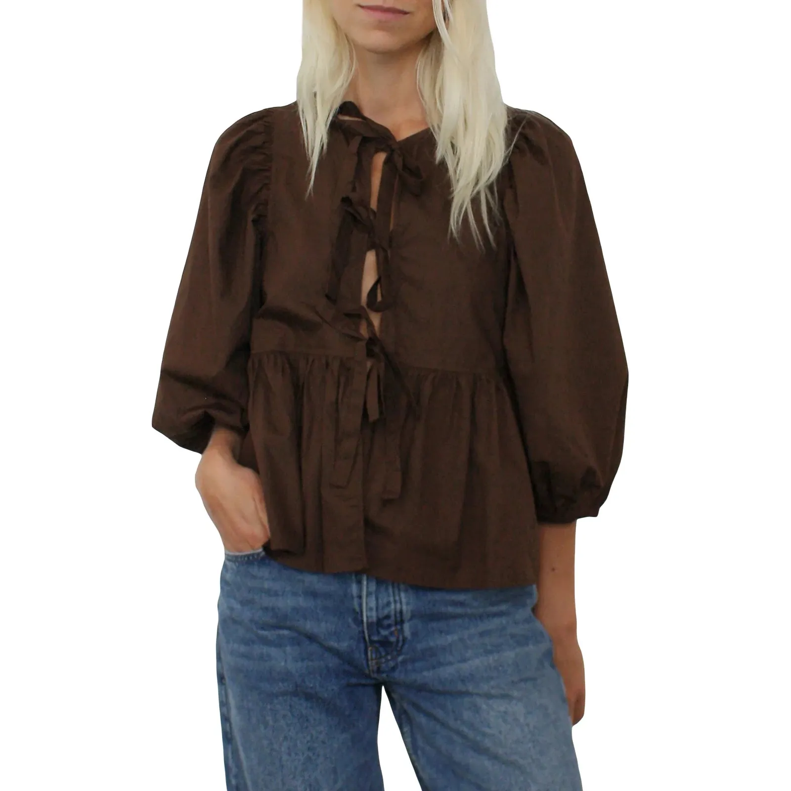 Znbbw Women y2k Puff Short Sleeve Shirts Tie Front Ruffle Hem Loose Office Blouse Tops Teen Girls Lace up Cute Summer Kawaii Tops - Image 15