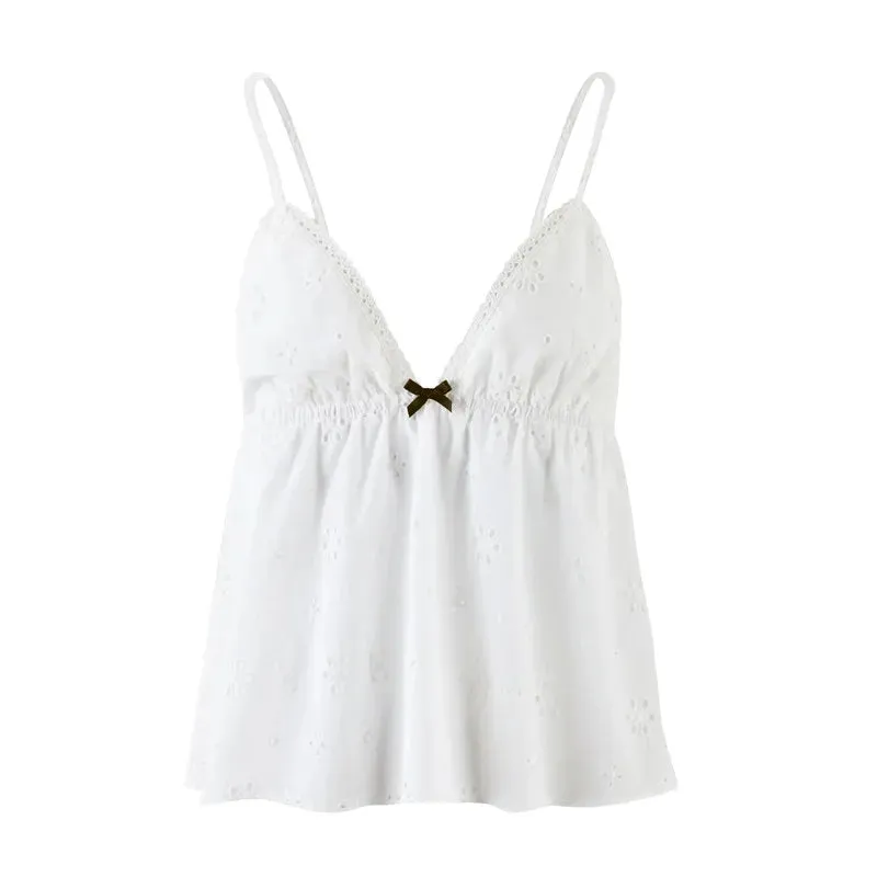 Znbbw Women Summer y2k Fairycore Grunge Sleeveless Crop Tops Flower Hollow Elegant Bow V-neck Tanks Camis Kawaii Aesthetic Tops - Image 5