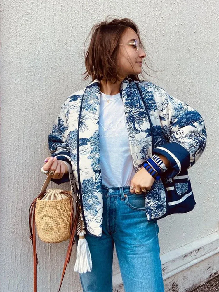 Znbbw Women's Casual Fashion Lapel Printed Cropped Cotton Jacket Elegant Long Sleeved Warm Outwear Female Vacation Streetwear 2023 - Image 5