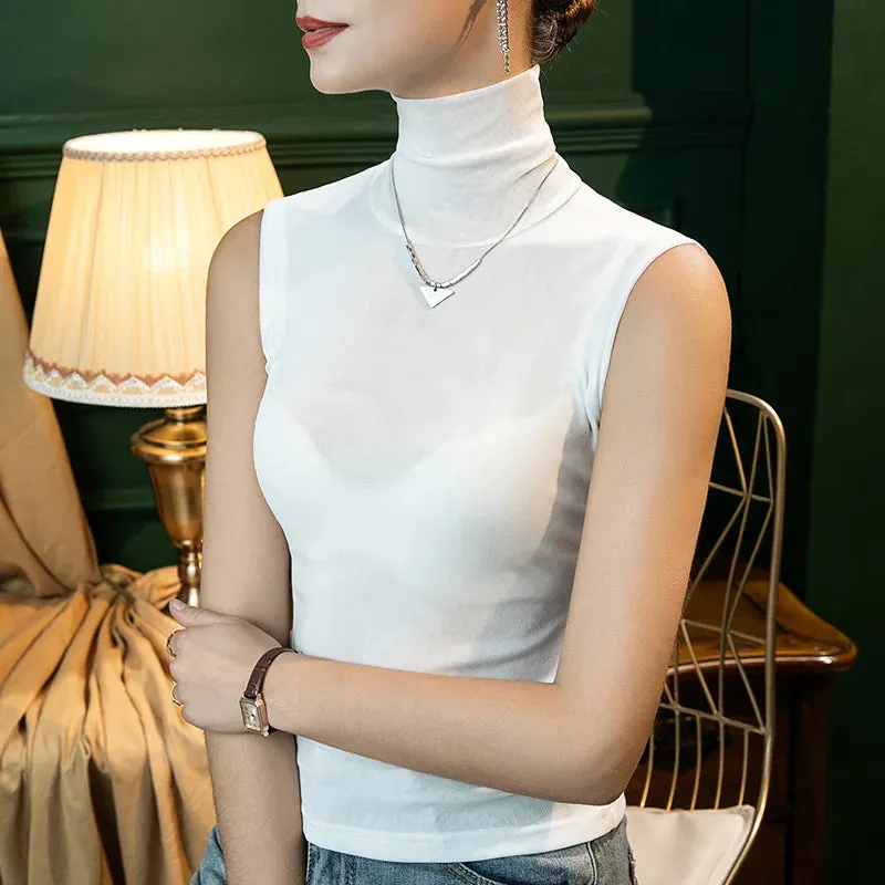 Znbbw Autumn Basic Mesh Tank Girls Turtleneck Elastic Slim Sheath Top Female Solid Simple Sleeveless Tees Tshirts - Image 11