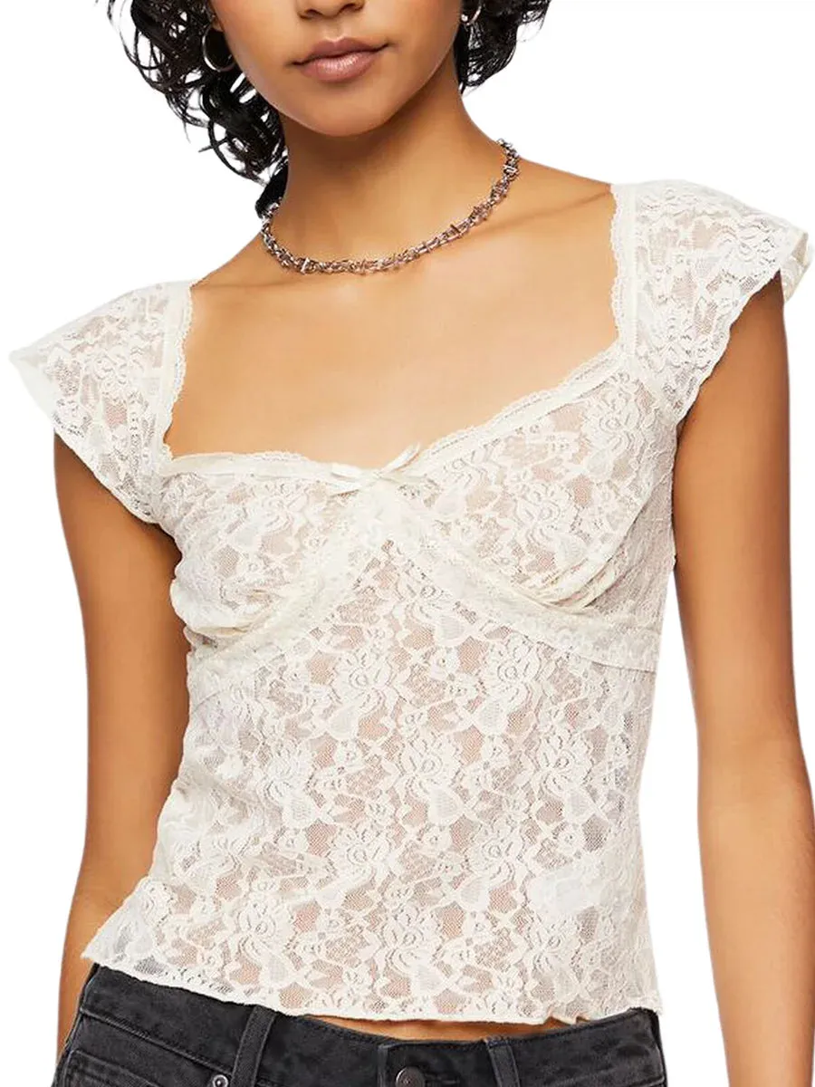 Znbbw Women Summer y2k Fairycore Grunge Lace Flower Crop Tops Short Sleeve Sqaure Collar Patchwork Slim Fit T-shirts Streetwear - Image 3