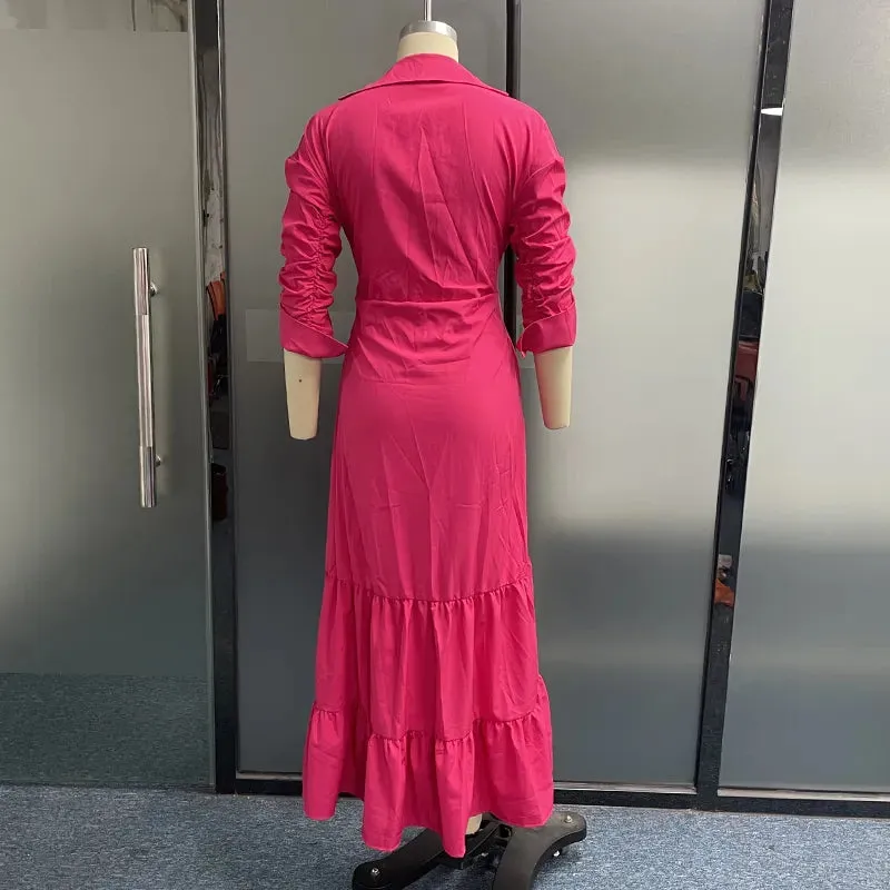 Znbbw Women Maxi Dress Fashion Elegant Long Sleeve Lapel Lace Up Nipped Waist Pleated Solid Color Dresses High Streetwear - Image 4