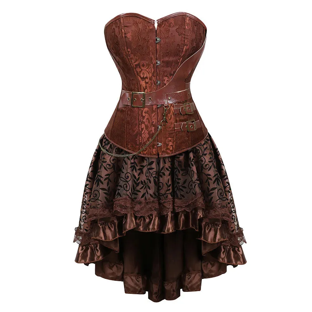 Znbbw Women`s European Steampunk Pirate Costume Women Corset Dress Skirt Lace Up Plus Size Brown Zipper Faux Leather Corset Dress - Image 4