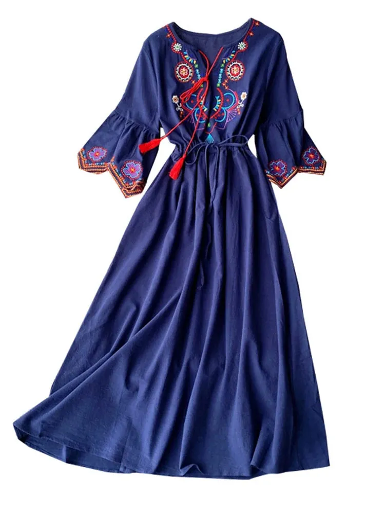 Znbbw Women's Indie Folk Dress Desert Grassland Travel Cyber Celebrity Photo Modeling Embroidery Lacing Long A-line Dress Female ML866 - Image 6