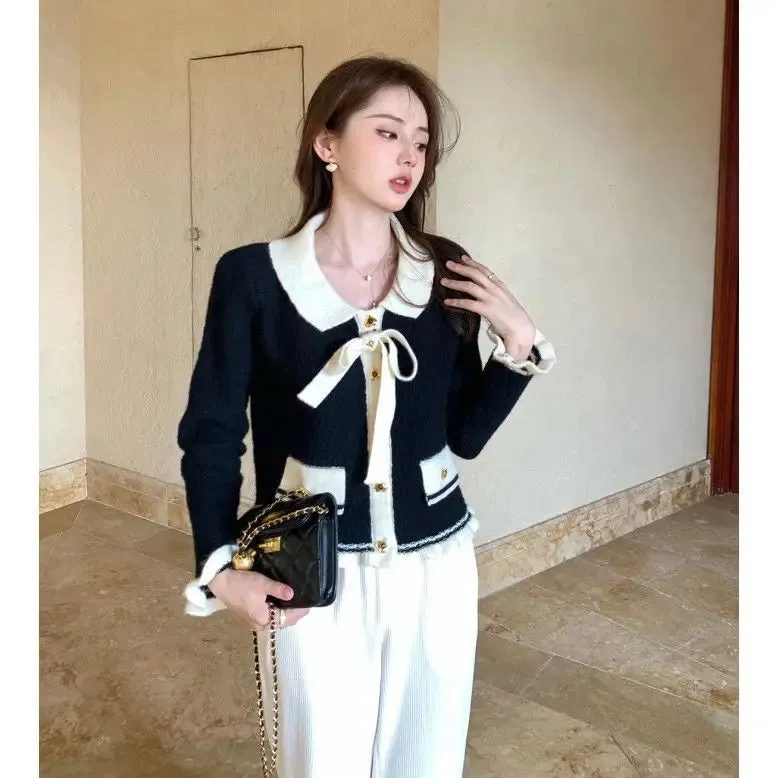 Znbbw Ear Edge Color Contrast Bowknot Sweater Cardigan Women Autumn and Winter 2024 Foreign Small Fragrant Long Sleeve Cardigan - Image 6