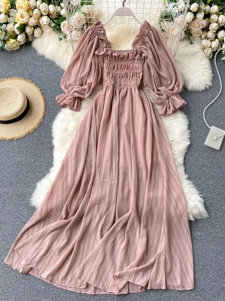 Znbbw Women's Dress New Square Collar Wooden Ear Bubble Sleeve Dress Korean Style Waist Slim Chiffon Female Dresses LL087 - Image 3