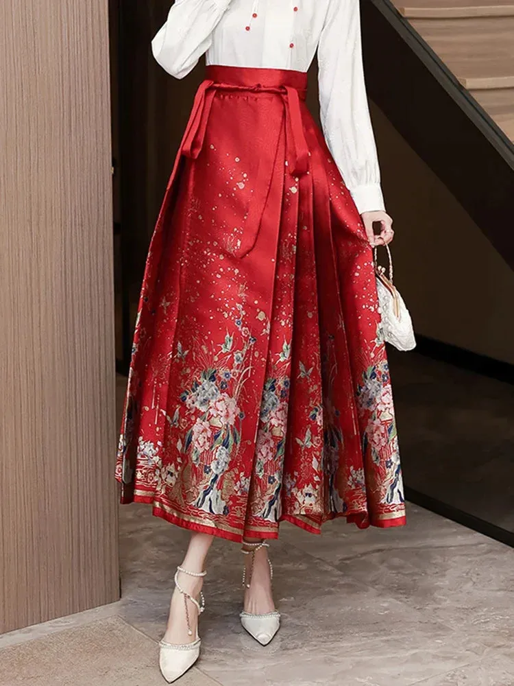 Znbbw Women Spring Autumn Skirt New Temperament Leisure Time Printing Chinese Style Elegant Wedding Red Horse Face Skirt D5690 - Image 2