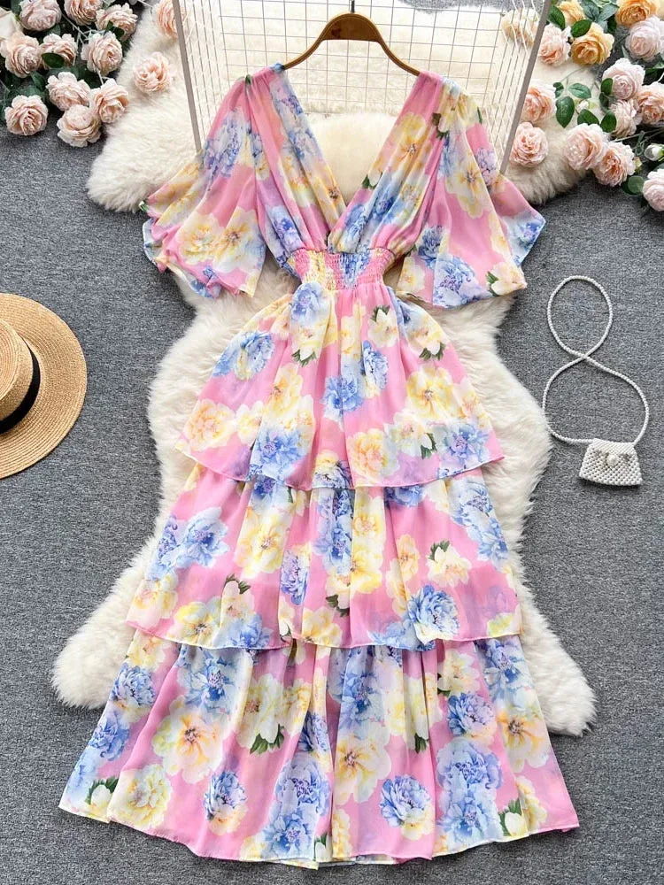 Znbbw Women Summer Dress New Style Gentle Style Short Sleeve V-neck Printed Waist Closing Cake Dress Sweet Fairy Vestidos D2548 - Image 3