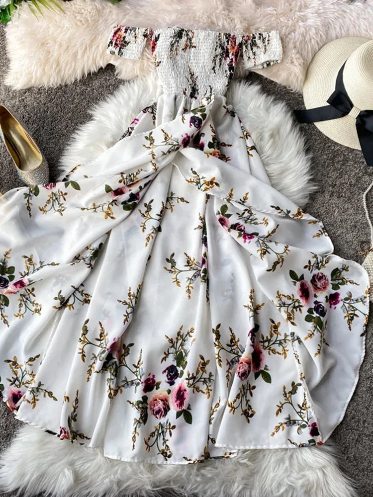 Znbbw Women's Irregular Slit Print Floral Long Dress One-way Neck Strapless Chest Wrap Short Sleeve Dresses LL006 - Image 10