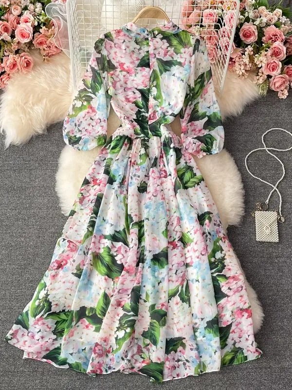 Znbbw 2023 Summer Fashion Runway Chiffon Long Dresses Women's Long sleeve Elegant Floral Print Party holidays Dress N78685 - Image 2