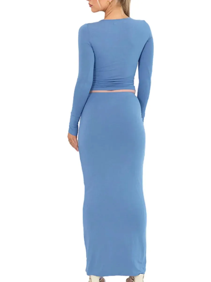 Znbbw 2 Piece Sets for Women Autumn Solid Slim Long Sleeve O-neck Crop Tops+High Waist Bodycon Long Skirts Casual Outfits Clothes - Image 3