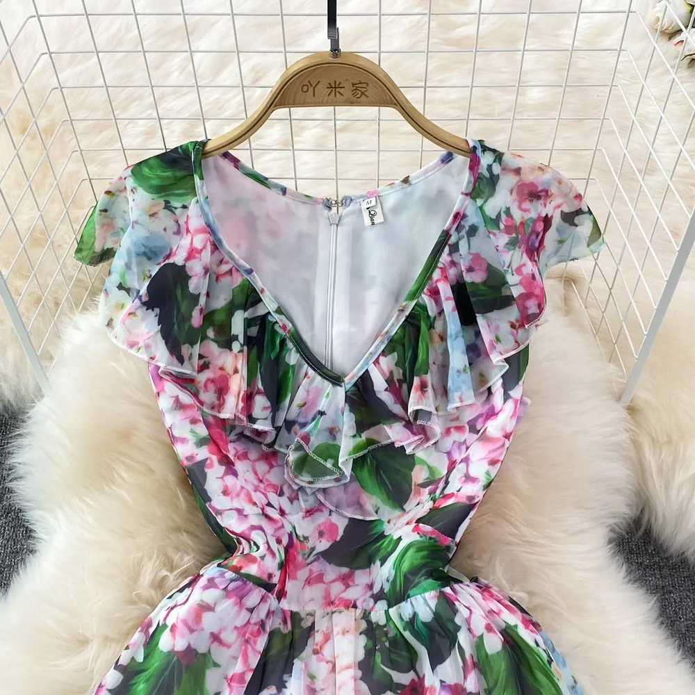 Znbbw Beach Dresses For Women 2023 Summer Ruffles V-Neck Cloak Sleeve Green Hydrangea Print Cascading Bohemian Dress N8297 - Image 3