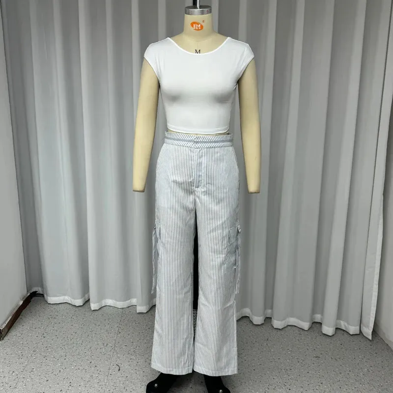 Znbbw Women Two Piece Set Summer Sexy Backless Short Sleeve Solid Top Striped With Pocket Loose Pants Set High Streetwear - Image 3