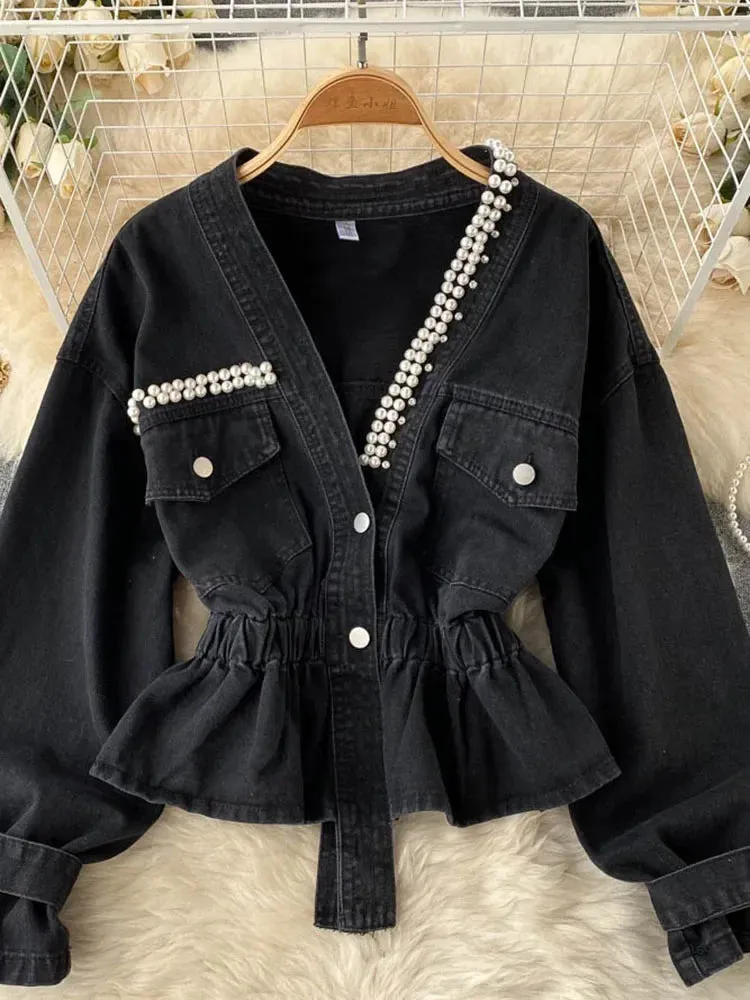 Znbbw 2024 New Retro Denim Jacket Female Temperament V-neck Single-breasted Beaded Waist Slim Crop Top KK1333 - Image 7