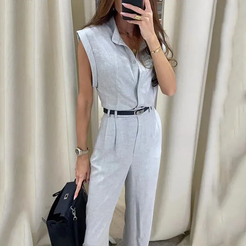 Znbbw Women Two Piece Set Summer Office Fashion Solid V Neck Sleeveless Top Casual Loose With Pockets Pants Sets Streetwear