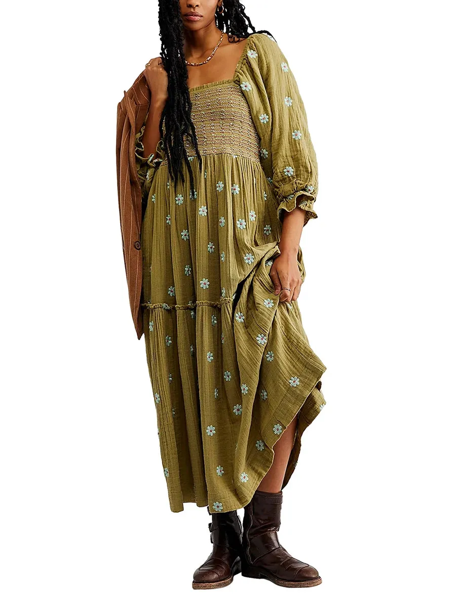 Znbbw Women's Flower Embroidered Long Dress Bodycon Lantern Sleeve Square Neck Tiered Flowy Dress Bohemian Summer Beachwear Dresses - Image 7