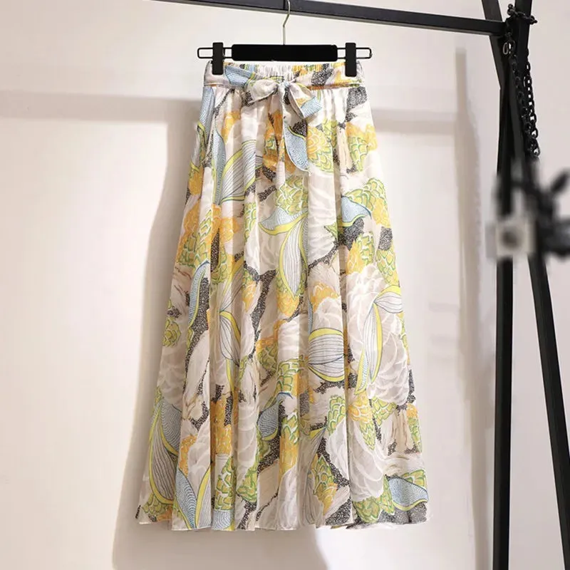 Znbbw Women Long Skirt Summer Beach Sunny Skirts Floral Bow Chiffon High Waist Skirt - Image 4