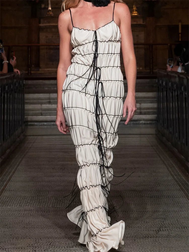 Znbbw Bandage Bow Ruched Spaghetti Strap Long Dress y2k Grunge Sling Sleeveless Low Cut Contrast Color Cake Dress 2023 Summer - Image 3