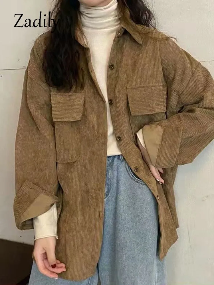 znbbw 2023 Winter Minimalist Long Sleeve Corduroy Shirt Women Korean Style Button Up Ladies Blouse Coat Female Clothing Tops - Image 9