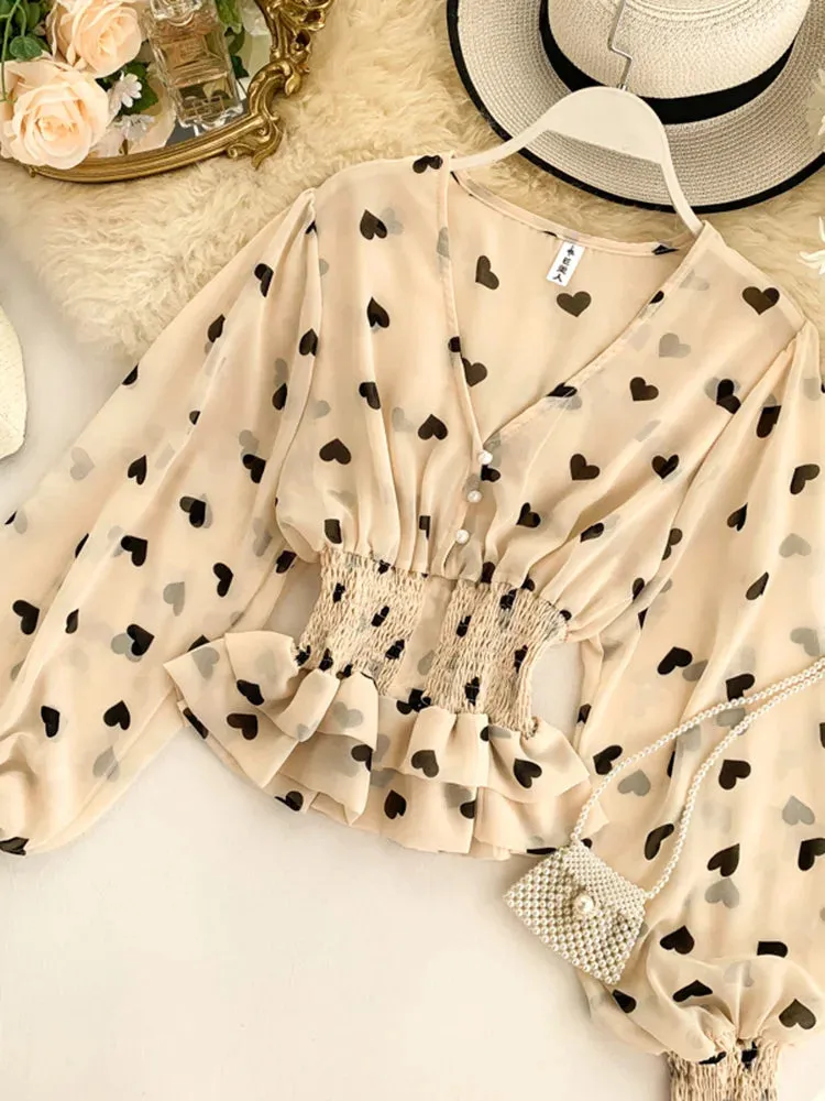 Znbbw Women's Love Print Chiffon Shirt Top Spring Autumn V-neck Puff Sleeve Elastic Waist Double-layer Ruffled Tops and Blouses ML702 - Image 8