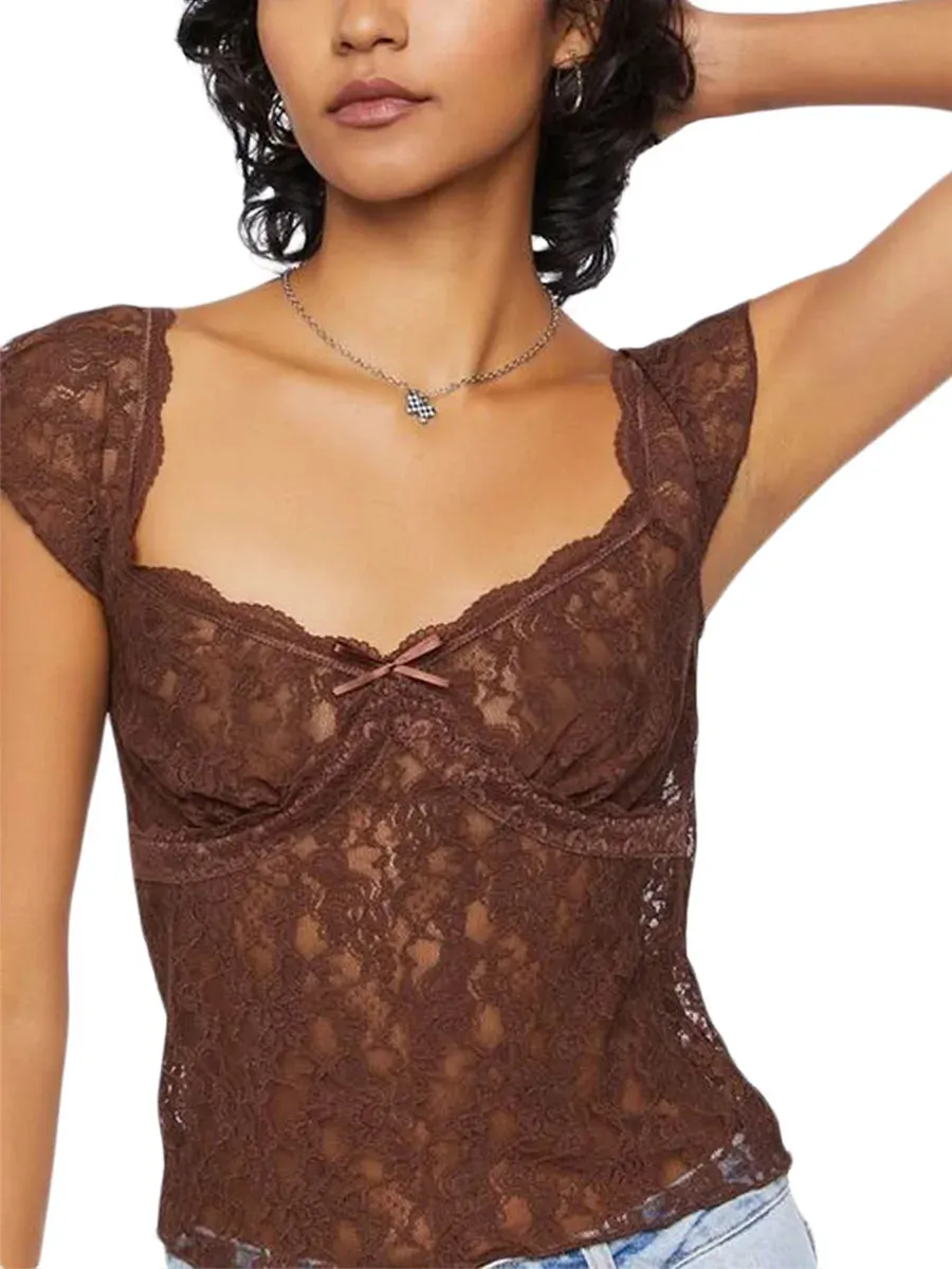 Znbbw Women Summer y2k Fairycore Grunge Lace Flower Crop Tops Short Sleeve Sqaure Collar Patchwork Slim Fit T-shirts Streetwear - Image 2