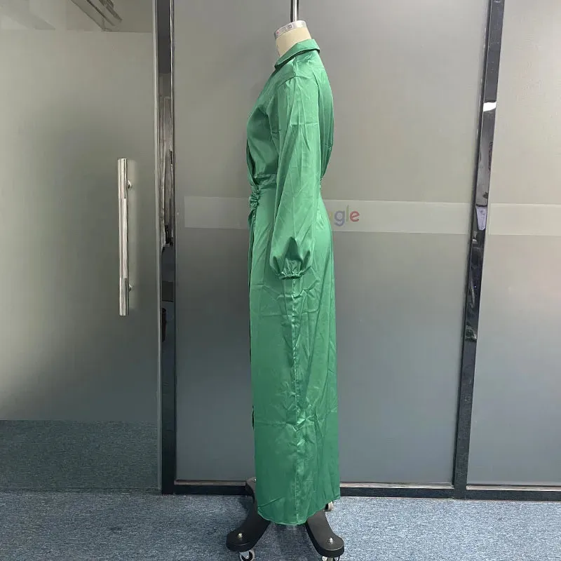 Znbbw Women Maxi Dresses Fashion Elegant Long Sleeve Lapel V Neck Pleated Solid Single Slit Beach Party Dresses - Image 4