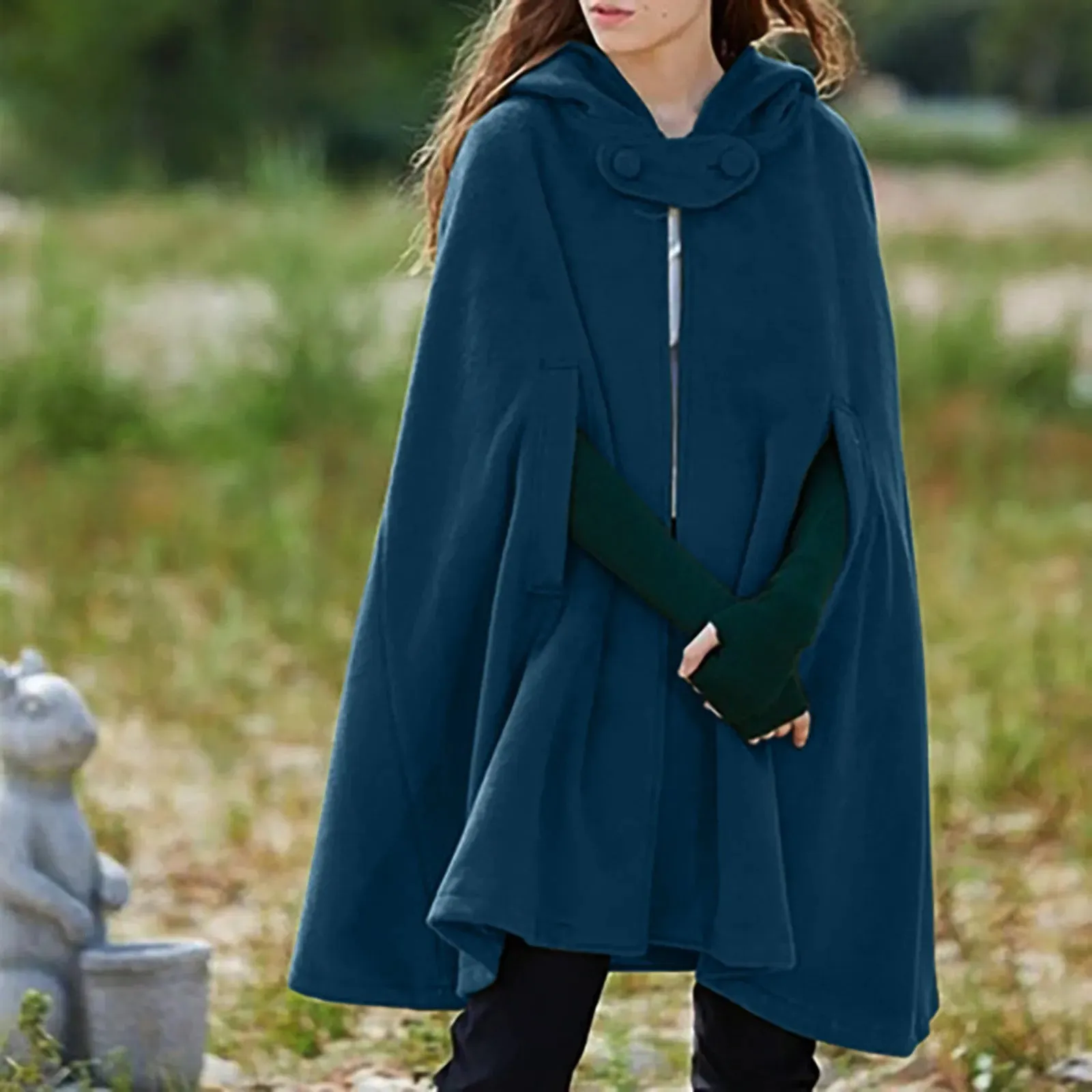 Znbbw Women Hooded Medium Cape Winter Vintage Overcoat Fashion Button Cloak Woolen Coat Womens Fall Jackets And Coats for Work - Image 7