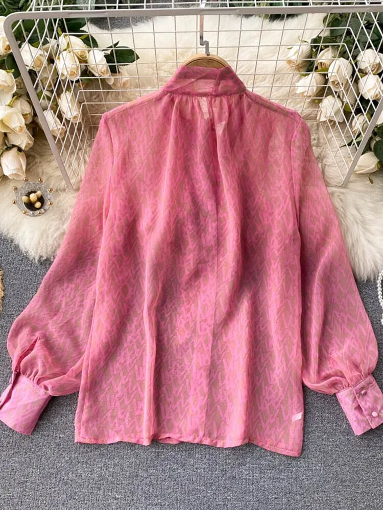 Znbbw Women's Spring New Blouse Sweet Pure V-neck Bow Puff Sleeve Fashion Printing Loose Versatile Chiffon Shirt D0139 - Image 2