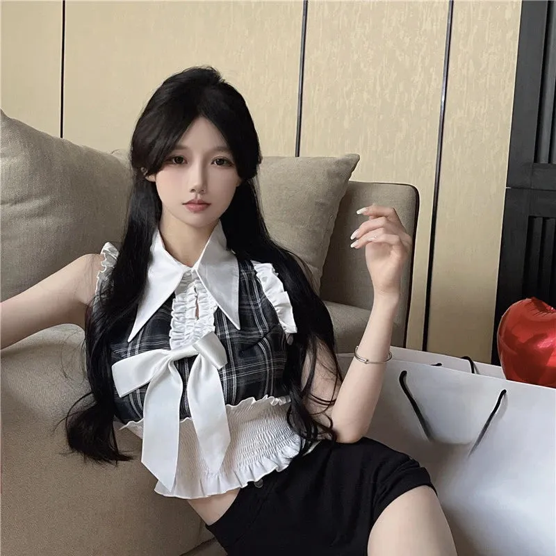 Znbbw Y2k Vest Blouses Bow Decoration Hollow Out Ruffles Plaid Design Crop Tops Summer Slim Waist Chic Women's Clothing Shirts - Image 4