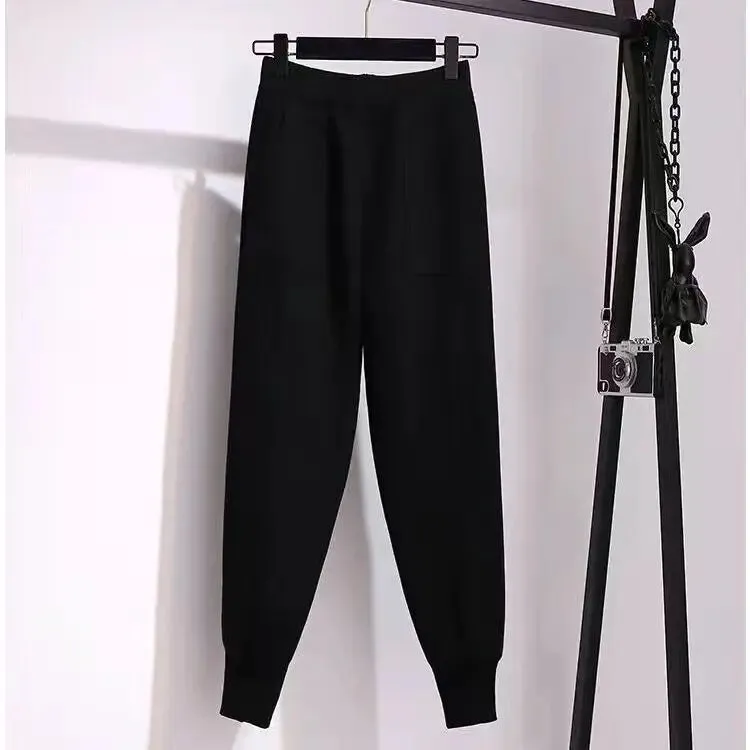 Znbbw Women pants autumn and winter black casual knitted pants loose elastic spring and autumn nine points Harlan radish pencil pants - Image 7