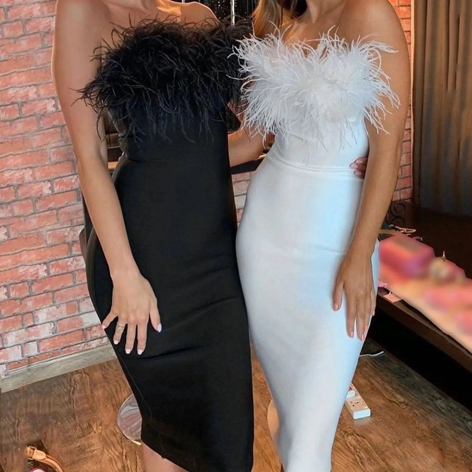 Znbbw Women's Sexy Feather Bodycon Dress Fashion Strapless Backless Black White Midi Dresses Ladies Evening Party Club Prom Dress - Image 2