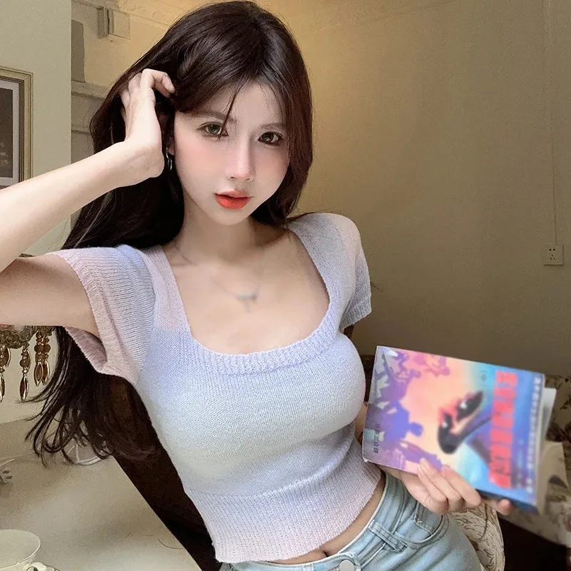 Znbbw Women's T-Shirt Summer Slim Sweet Fashion Korean Version Square Neck  T-Shirt - Image 4