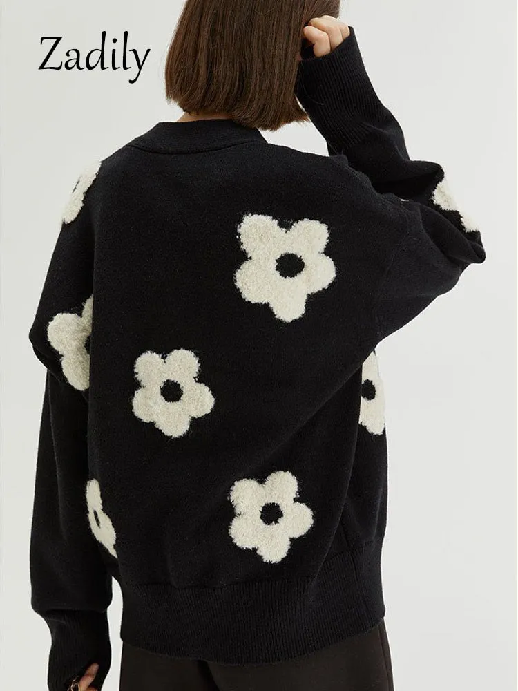 znbbw 2023 Winter New In Vintage Floral EmbroideryLoose Women Knit Cardigan Korea Style Button Up Ladies Sweater Coat Clothing - Image 7