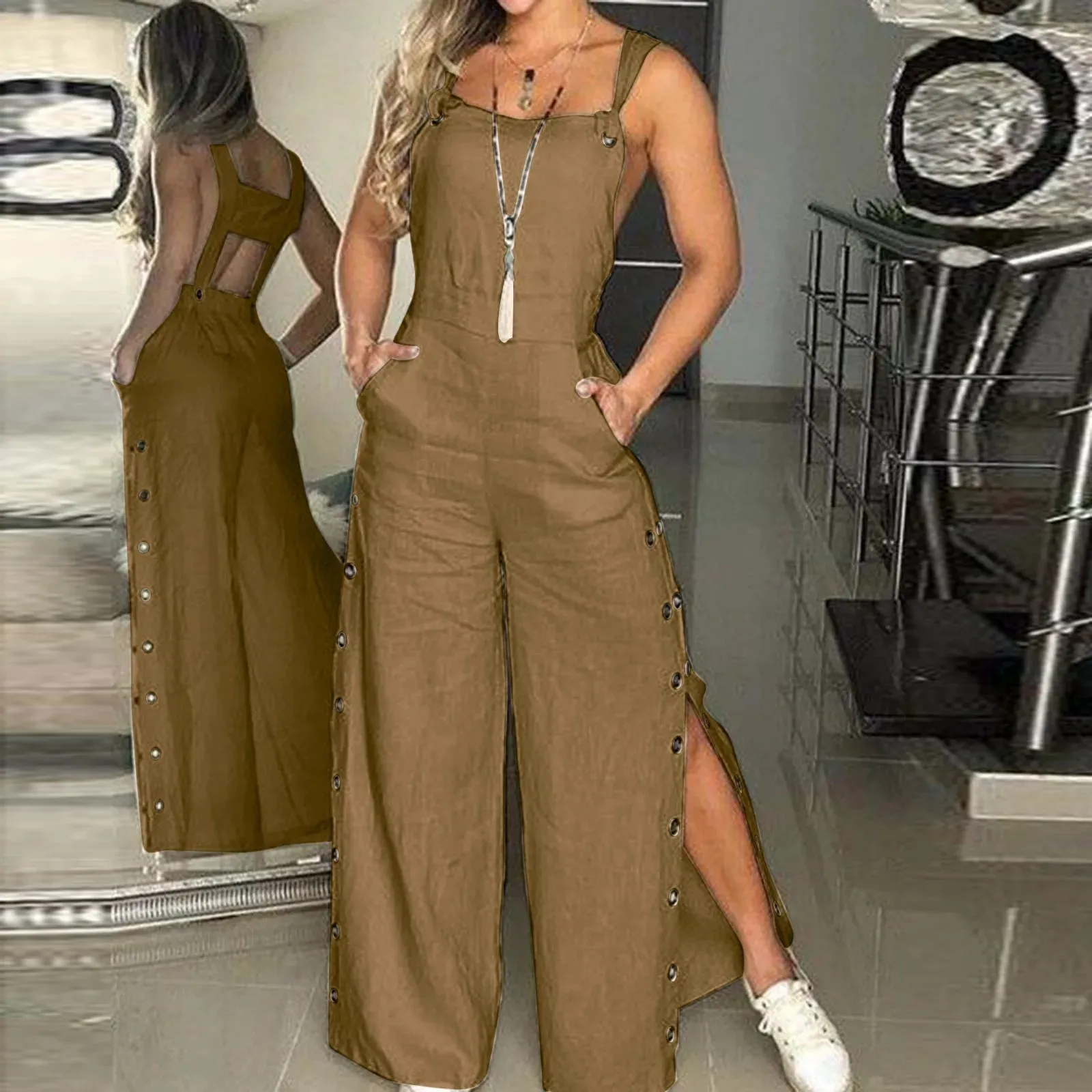 Znbbw Women's Summer Fashion Sleeveless Jumpsuits Elegant Twisted Knot Cotton Linen Wide Leg Pant Rompers Loose Womens Jumpsuit - Image 10