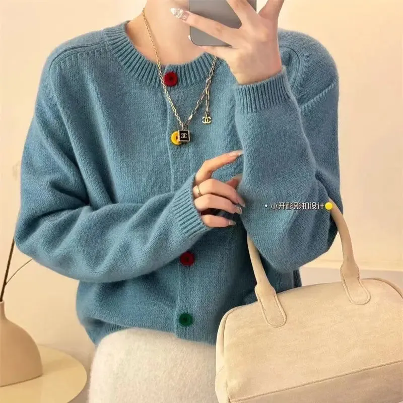 Znbbw Sweet and Fresh Round Neck Colorful Button Knitwear Coat Academy Style Western Versatile Sweater Women's Cardigan - Image 3