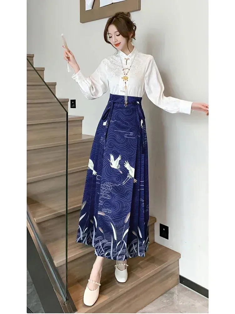 Znbbw Women Spring Autumn New Chinese Style Printing Leisure Time Temperament Hanfu Horse Face Skirt Satin Fabric Long Skirt  D5322 - Image 3