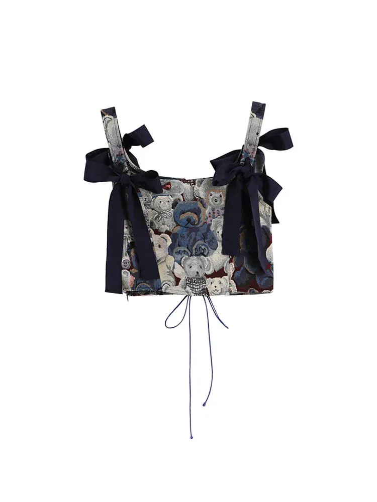 Znbbw 2024 Korean Cute Bear Jacquard Bow Women Suspender Vest Summer Y2K Vintage Casual Sleeveless Off Shoulder Ladies Crop Tops - Image 7