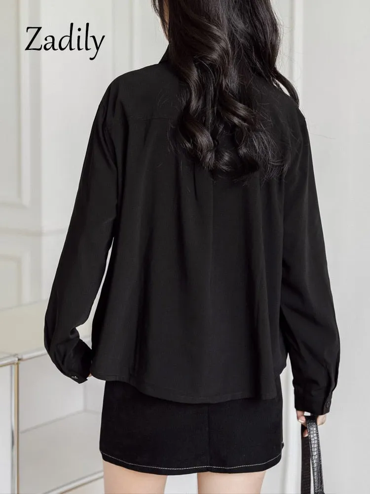 znbbw 2023 Summer Office Lady Long Sleeve Women Black Shirt Korea Style Floral Print Button Ladies Blouse Work Clothing Tops - Image 3