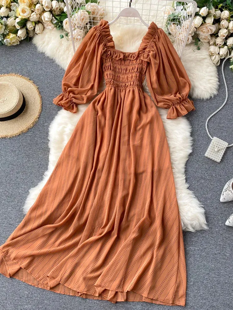 Znbbw Women's Dress New Square Collar Wooden Ear Bubble Sleeve Dress Korean Style Waist Slim Chiffon Female Dresses LL087 - Image 12