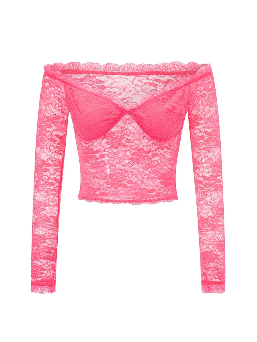 Znbbw Women's Off Shoulder Lace Sheer Crop Tops Spring Fall See-Through Long Sleeve Low Cut Slim Fit Short T-Shirts Basic Tees - Image 3