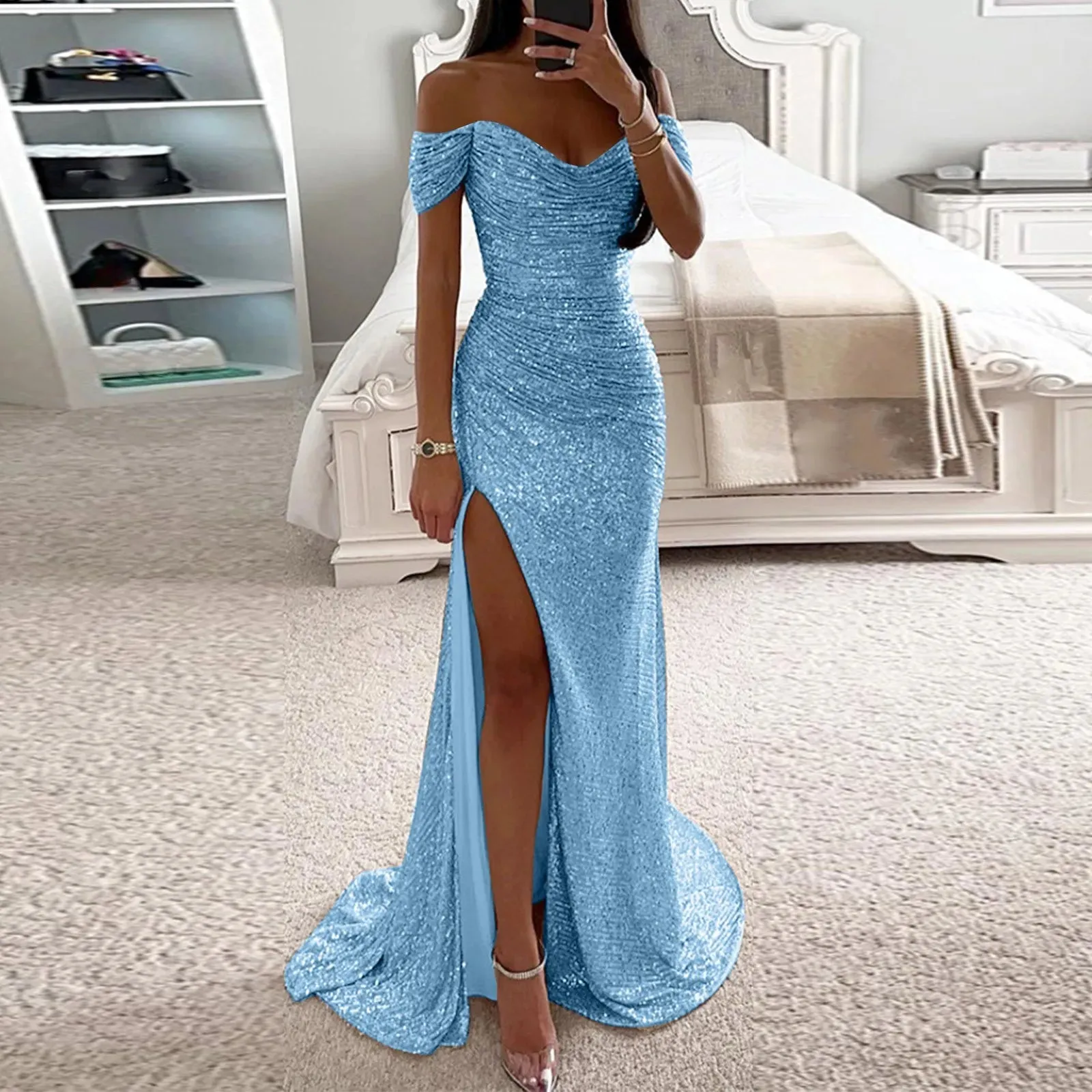 Znbbw Women's Sexy Strapless Sequins Evening Prom Dress Chic Off Shoulder High Slits Sparkling Party Maxi Dress Female Bridemaid Dress - Image 3