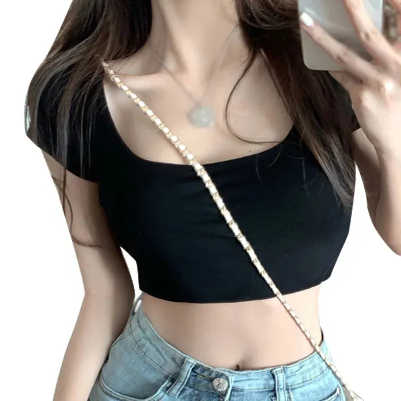 Znbbw Women Summer U-neck Short Short-sleeved T-shirt Women's Top Slim Square Neck Crop Top - Image 3