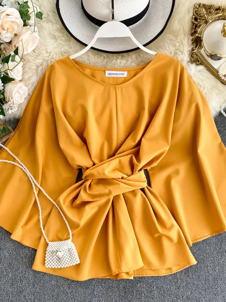 Znbbw Women's Shirt Spring Summer Tide Ins Super Fire Lacing Waist Lady Temperament Flare Sleeve Solid O-Neck Blouse Wild Top ML649 - Image 7